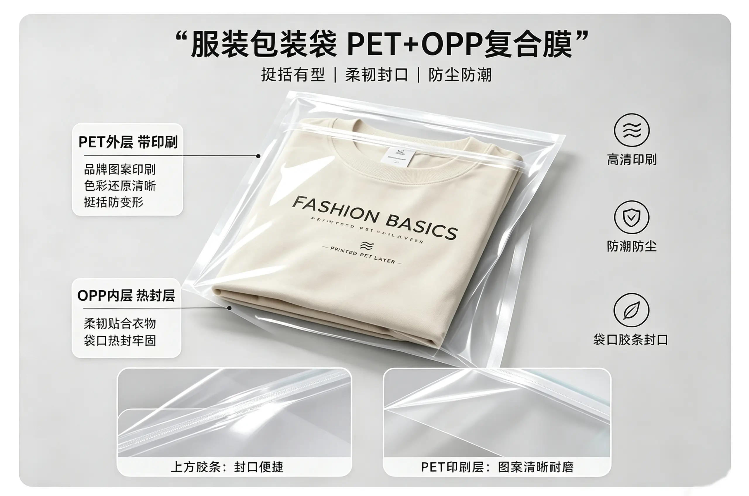 服装包装袋PET+OPP复合膜：材质解析与应用指南
