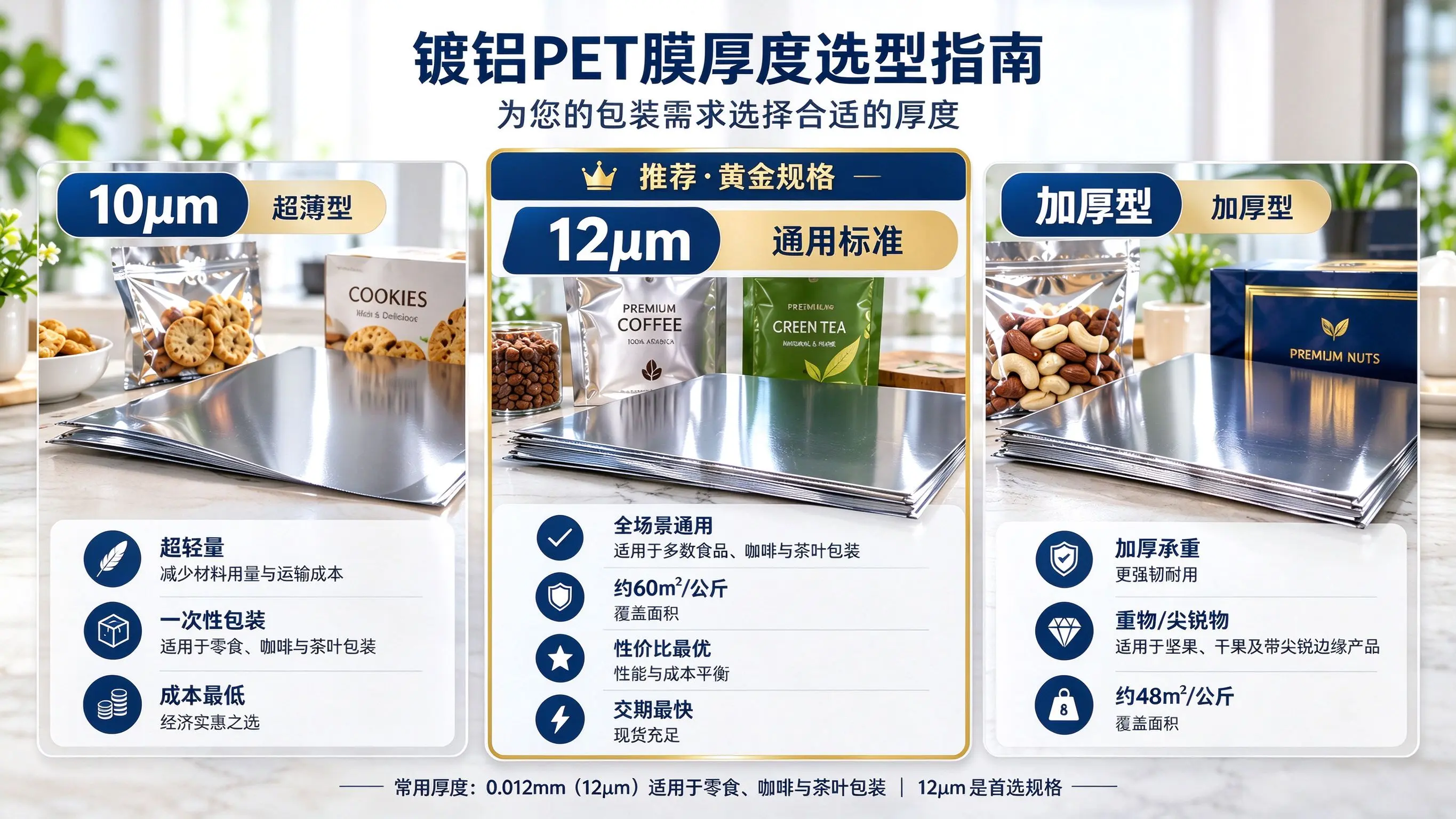 镀铝PET膜厚度选型指南，10μm超薄12μm黄金规格15μm加厚对比