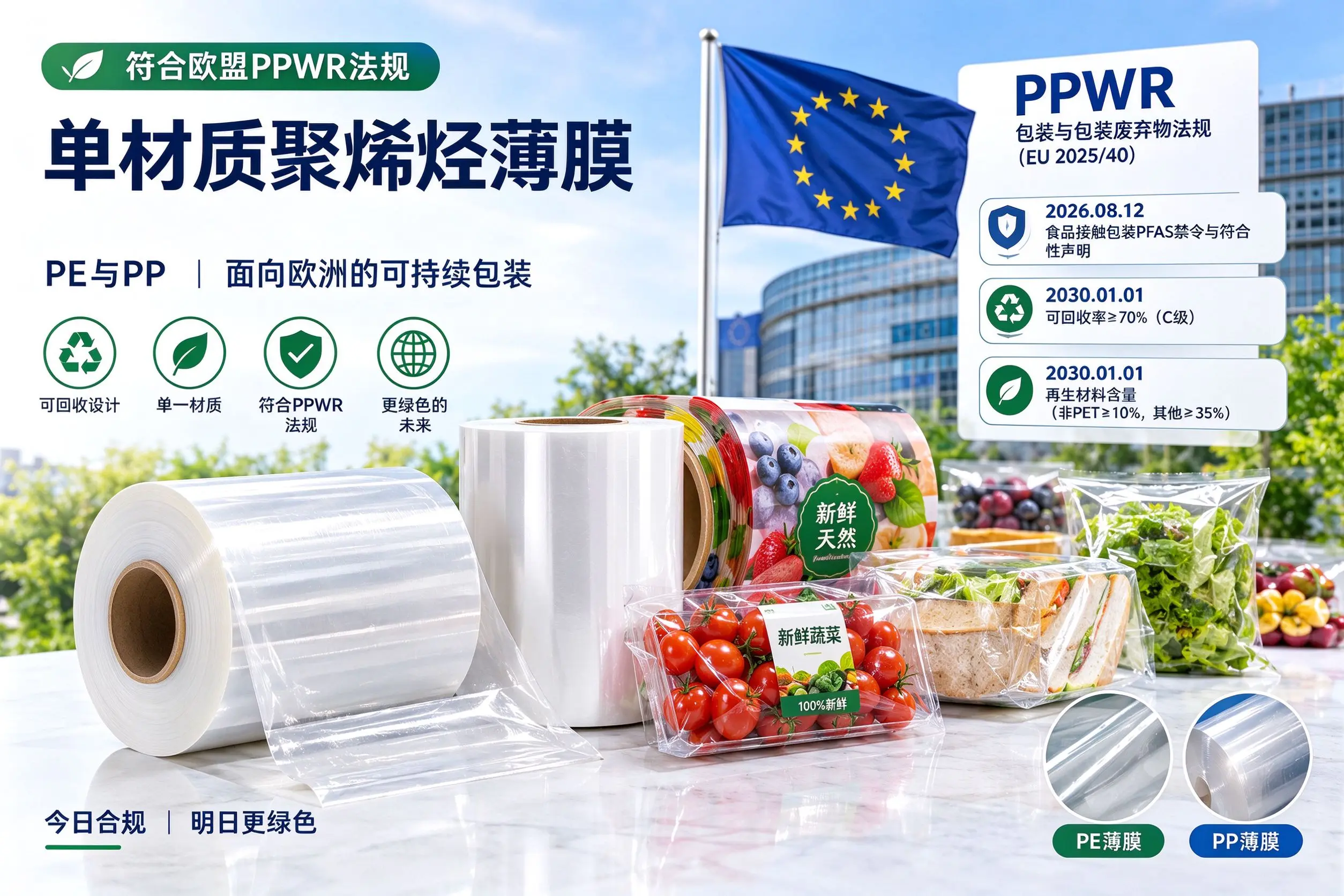 出口欧盟 PPWR 合规的单一材质聚烯烃薄膜卷材 ——PE 与 PP 软包装薄膜