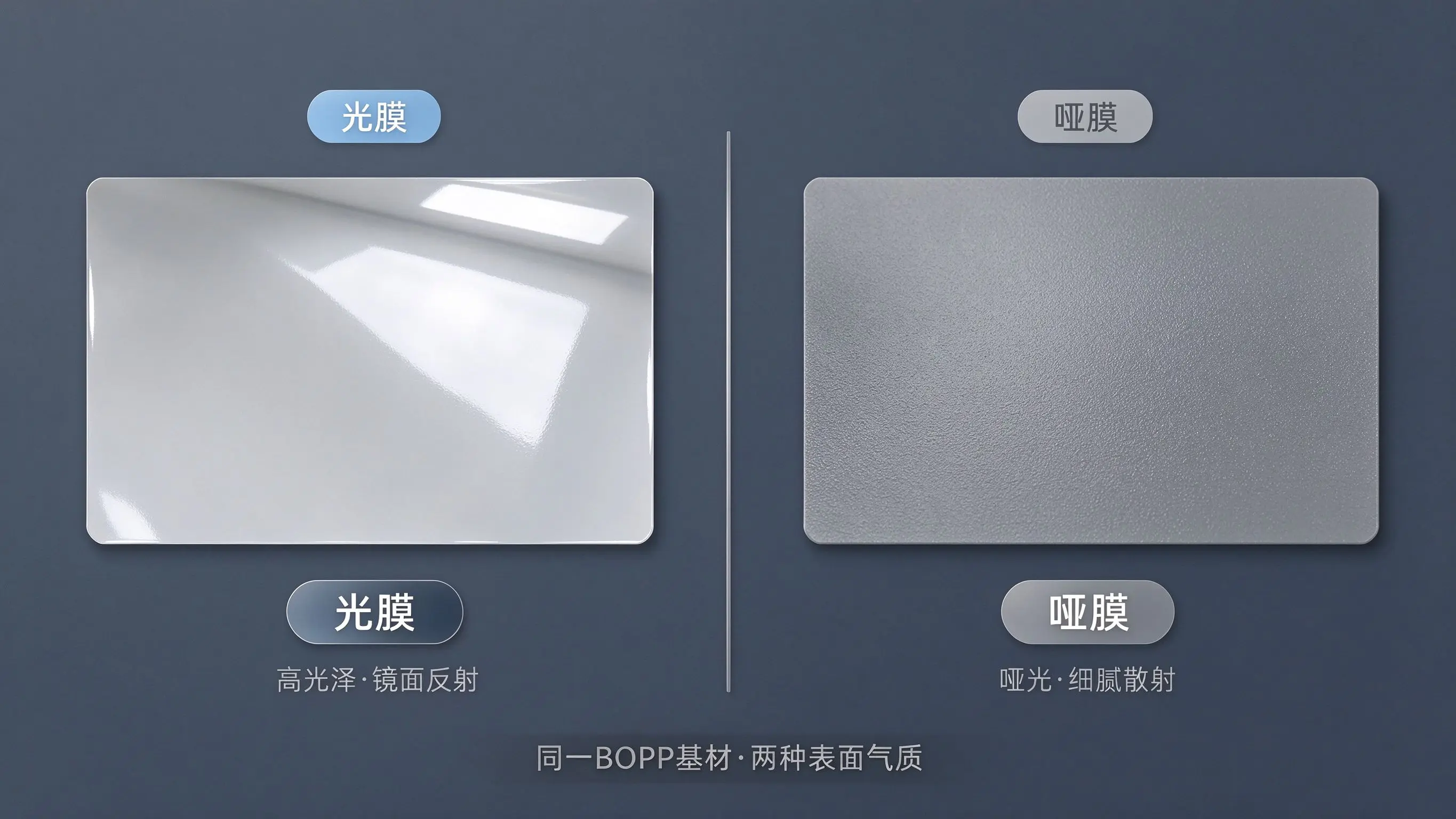 光膜高光泽镜面反射与哑膜哑光细腻散射的对比